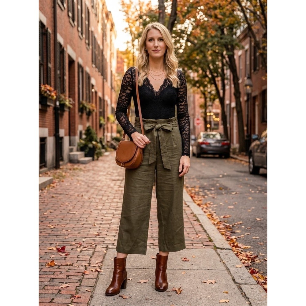 Calvin Klein Olive Green Paperbag Waist Wide Leg Cropped Pants 1X Plus Size